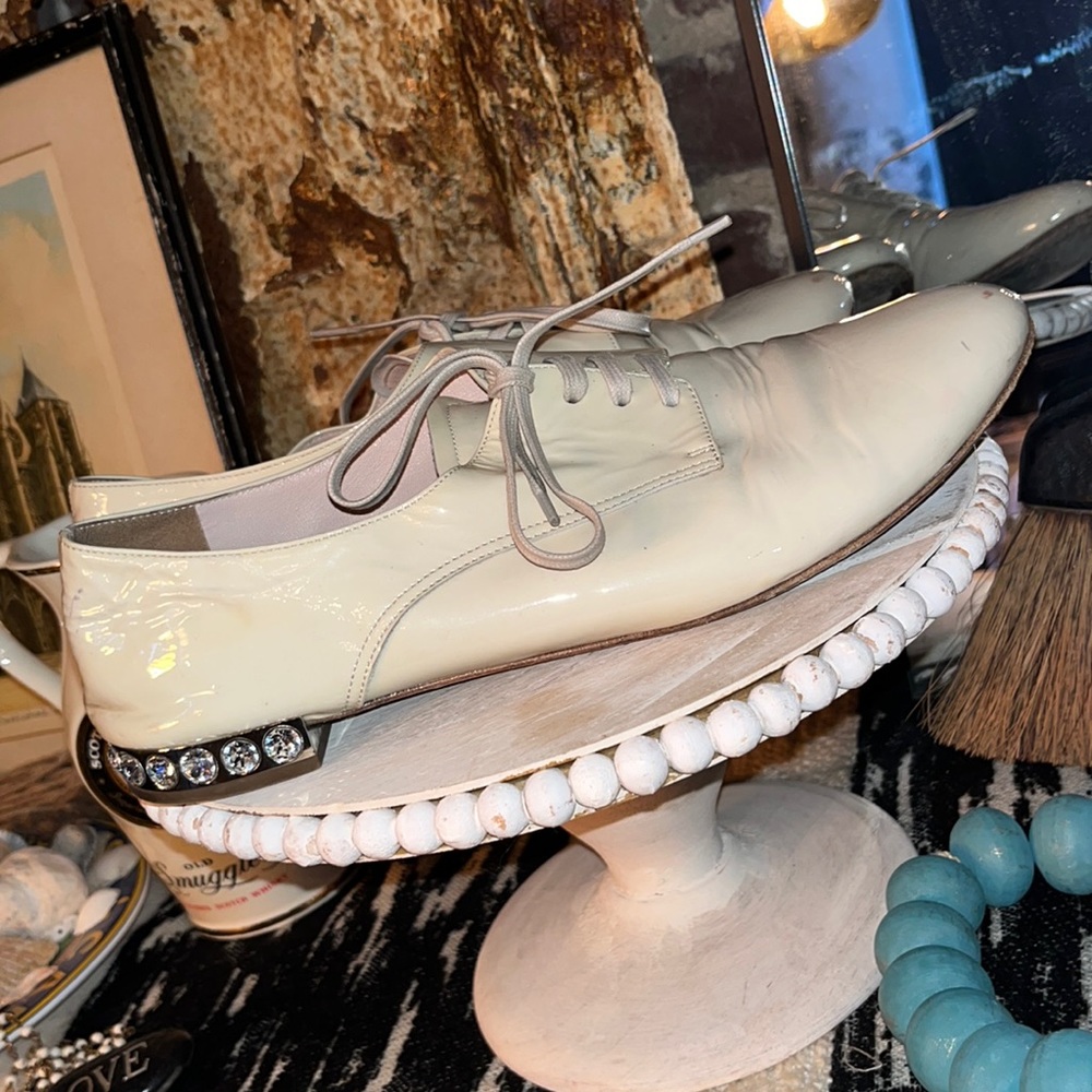 MIU MIU Patent Leather Flat Loafers Shoes w Rhinestone Heels  38 1/2